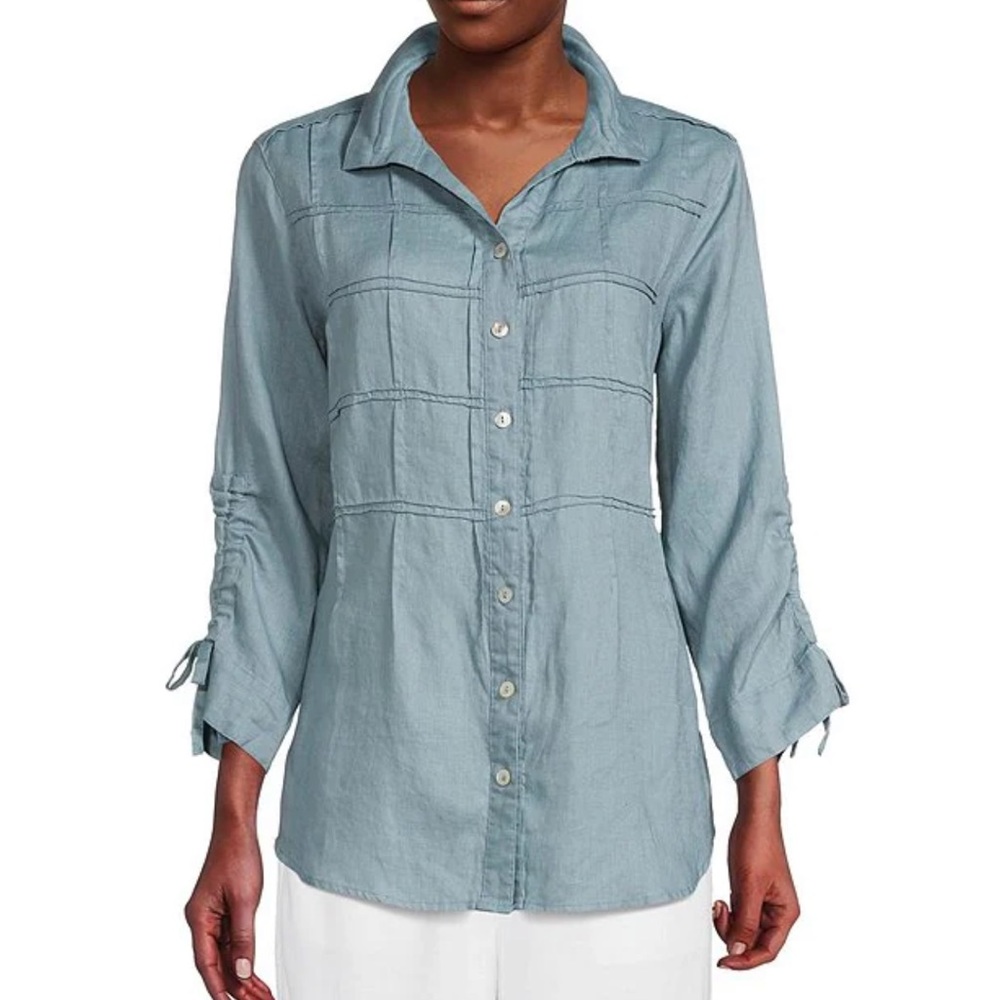 John Mark
3/4 Cinch Tie Sleeve Point Collar Pintuck Pleat Button Front Blouse